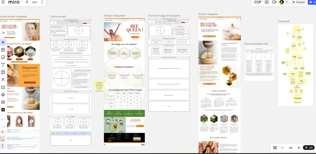 Exemples des maquettes bee exquise avec travail sur le storytelling visuel et textuel