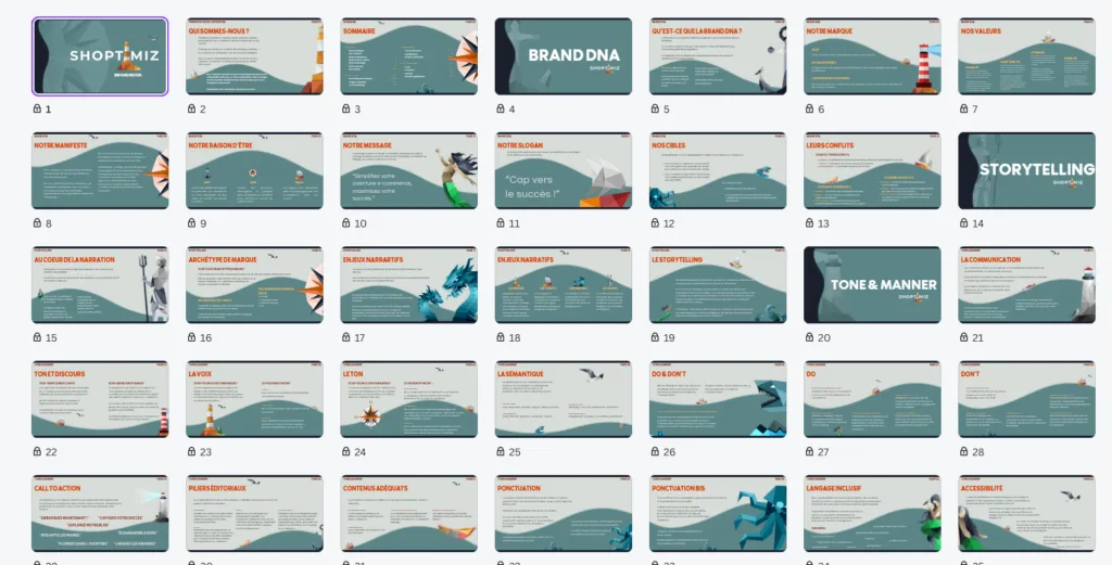 conception-brandbook-exemple Extrait d'une table des matières d'un brand book élément indispensable d'une marque lors d'une création (storytelling branding) ou refonte.