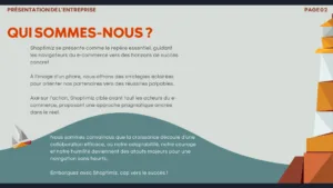 Page "qui sommes-nous" du brandbook de shoptimiz travail de storytelling et direction artistique