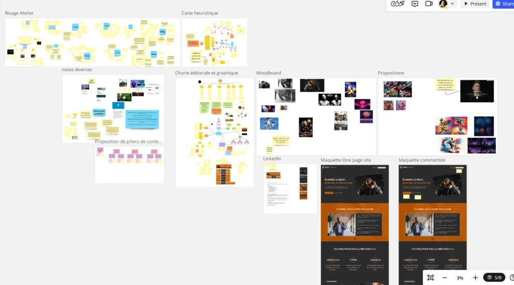 Ensemble des cartes heuristiques de travail pour Jimmy Canvot où nous avons travaillé son why, son storytelling, et toute la mise en oeuvre pour son site et son LinkedIn.