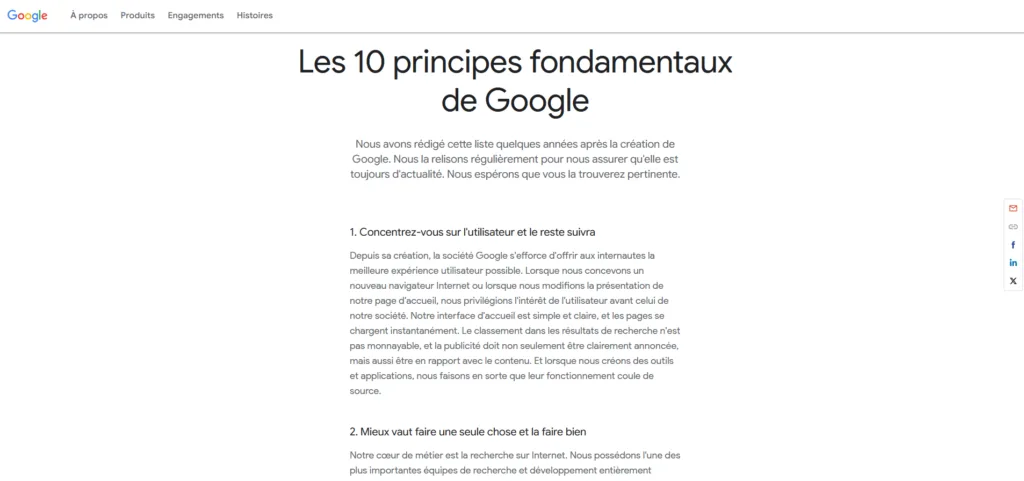 Les valeurs de google pour leur branding transformé en "dix principes fondamentaux"