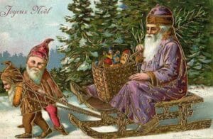 Un père-noël violet rappelant la robe d'évêque